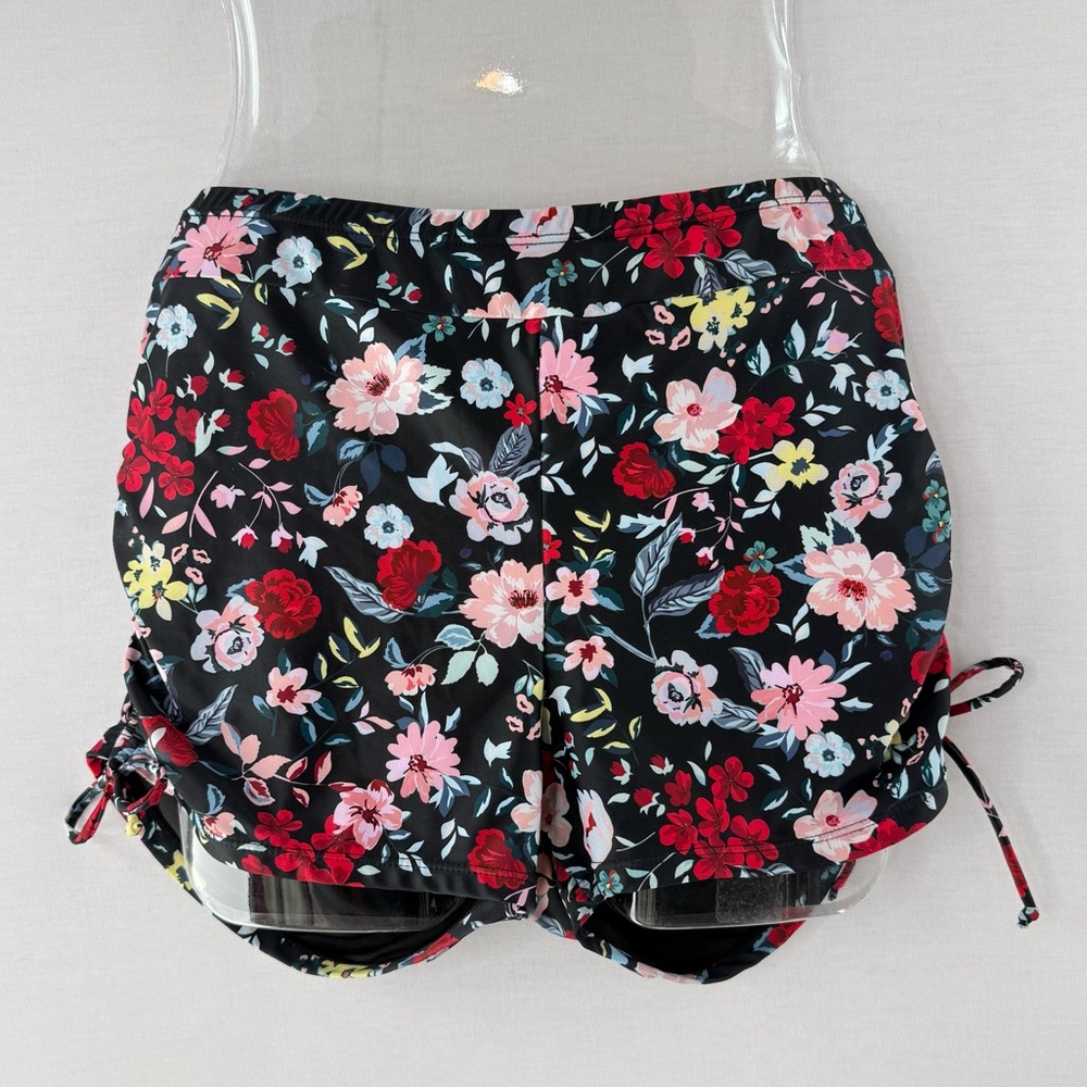 Women’s Black Floral Highwaist Drawstring Side-Ruched Swim Shorts